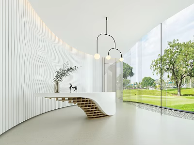Modern Reception Desk with Wavy White Walls Wooden Structure Pendant Lights Overlooking Green Lawn Trees 3d model