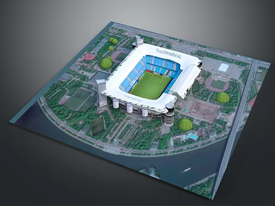 Modern Football Stadium Model With Green Turf Surrounding Trees And Roads 3d model