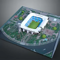 Modern Football Stadium Model With Green Turf Surrounding Trees And Roads