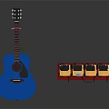 Studio Display of Blue Acoustic Guitar and Red Art Supply Case with Paint Boxes