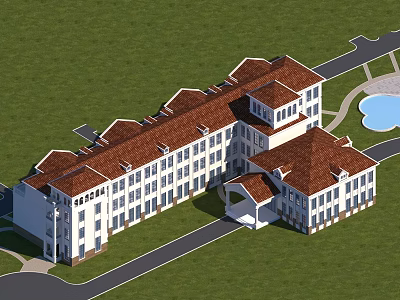 Large Building Complex With Connected Wings Red Roofs White Walls Green Lawn And Swimming Pool 3d model
