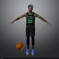 Man with green hair in Celtics number 36 jersey standing by basketball on gray background
