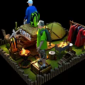 Camping Themed Window Display With Tent Camping Gear Apparel Campfire And Barbecue Grill