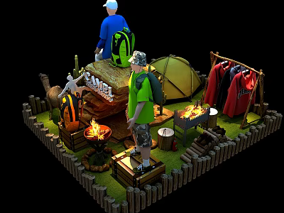 Camping Themed Window Display With Tent Camping Gear Apparel Campfire And Barbecue Grill 3d model