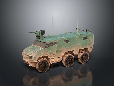 Military Armored Vehicle With Six Wheels Green Camouflage Antennas And Weapon Mount 3d model