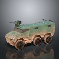 Military Armored Vehicle With Six Wheels Green Camouflage Antennas And Weapon Mount