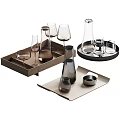 Stylish Wine Bottles And Wine Glasses On Modern Wooden And Black Trays With Elegant Design