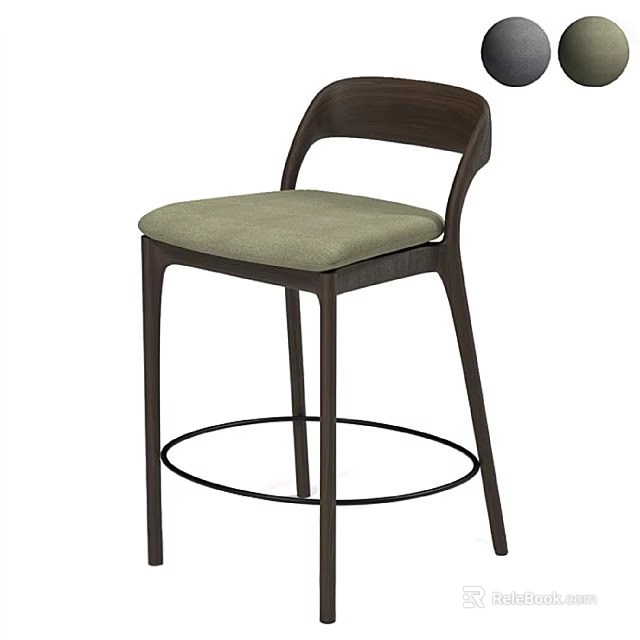 Modern Wooden Bar Stool With Curved Backrest Light Green Fabric Seat And Black Footrest 3d model 
