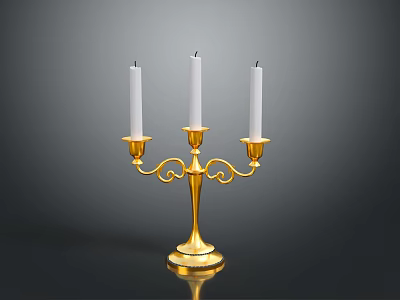 Gold Decorative Candelabra With Three White Candles On Black Surface 3d model