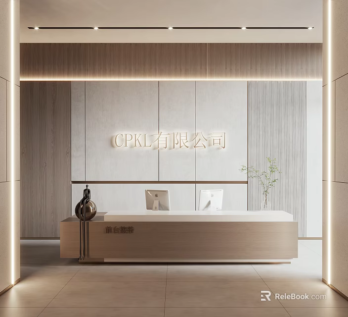 Modern Reception Desk Featuring Wooden Wall Company Logo Computers Decorative Sculpture And Green Plant 3d model 