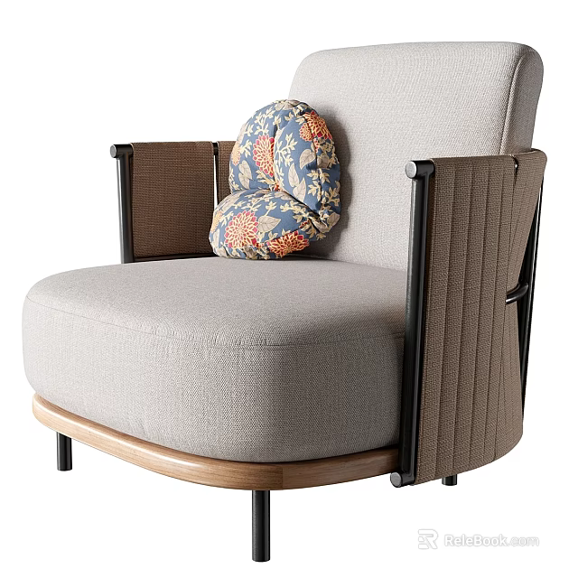 Modern Upholstered Accent Chair With Patterned Padded Cushion And Wooden Legs 3d model 
