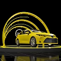 Yellow Car Showcased With Circular Yellow Arches And LED Lights On Reflective Floor