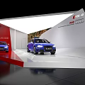 Audi RS 4 Exhibition Booth Display With Blue Cars And Mountain Backdrop