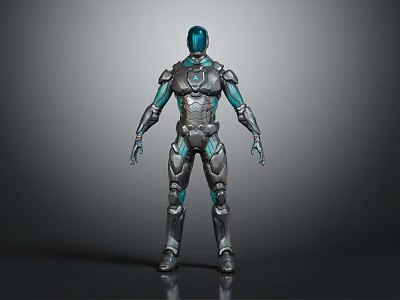 Advanced Mechanical Robot Character Featuring Silver Gray Body And Blue Green Details 3d model