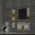 Modern Bathroom Vanity With White Yellow Design Mirror And Storage Cabinet On Grey Marble Wall