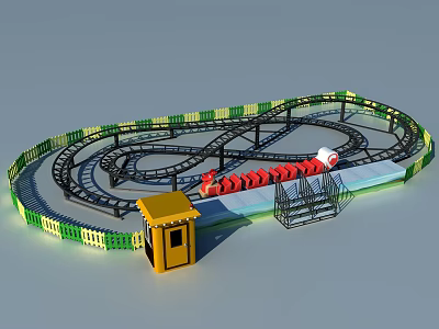 Colorful Garden Landscape Amusement Park Roller Coaster Track with Yellow Booth and Red Carriages 3d model