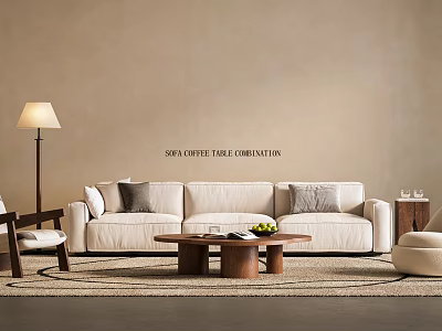 Modern Cream Fabric Sofa And Solid Wood Coffee Table Combination For Cozy Minimalist Living Room 3d model