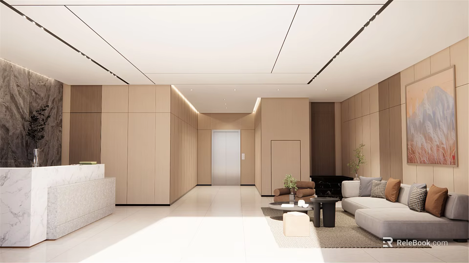 Modern Reception Area With Reception Desk Wooden Walls Elevator Sofa And Plants In Minimalist Style 3d model 