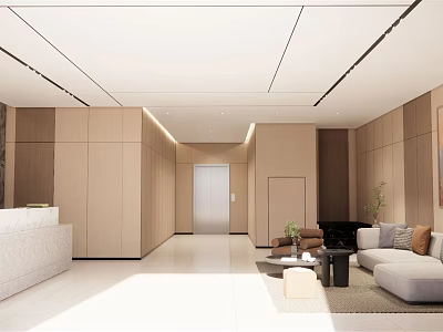 Modern Reception Area With Reception Desk Wooden Walls Elevator Sofa And Plants In Minimalist Style 3d model