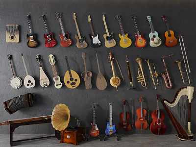 Vintage Musical Instruments and Art Supplies Wall Collection with String Brass Percussion and Gramophone 3d model