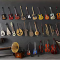 Vintage Musical Instruments and Art Supplies Wall Collection with String Brass Percussion and Gramophone