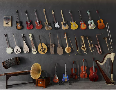 Vintage Musical Instruments and Art Supplies Wall Collection with String Brass Percussion and Gramophone 3d model