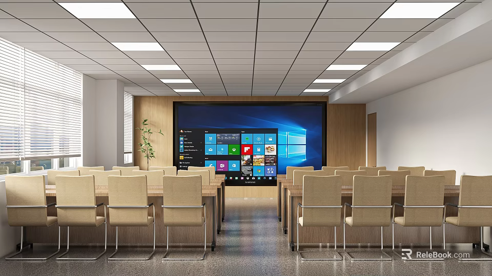 Modern Conference Room Interior With Large Screen Multiple App Icons And Neatly Arranged Chairs 3d model 
