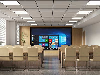 Modern Conference Room Interior With Large Screen Multiple App Icons And Neatly Arranged Chairs 3d model
