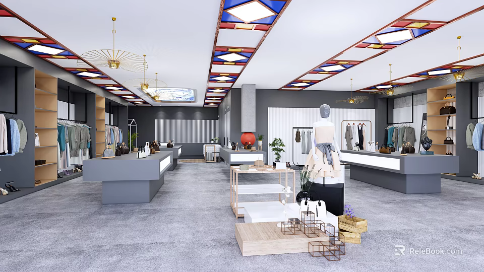 Modern Clothing Store Interior With Open Layout Chandeliers Display Tables And Mannequins 3d model 