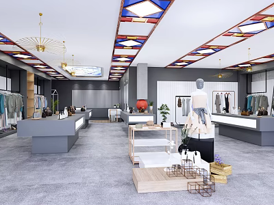 Modern Clothing Store Interior With Open Layout Chandeliers Display Tables And Mannequins 3d model