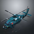 Teal 3D Rendered Helicopter With Rotors And Red Emblem On Dark Background