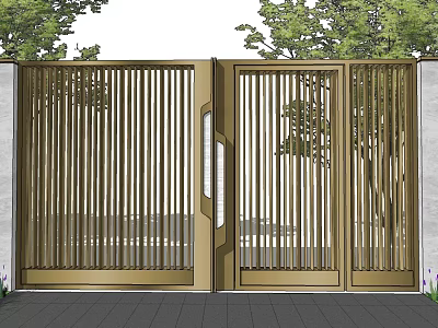 Elegant Modern Gold Metal Entrance Gate With Vertical Grilles And Surrounding Trees 3d model