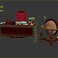 Vintage Study Interior With Red Wooden Desk Chair Globe Table Lamp And Telephone