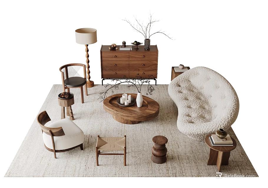 Cozy Modern Sofa And Coffee Table Set With Armchairs Floor Lamp And Decor 3d model 