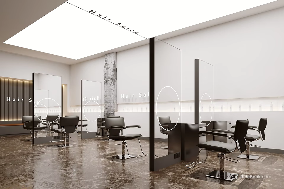 Modern Hair Salon Interior Design With Glass Dividers Black Chairs Mirrors And Marble Floor 3d model 