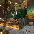 Elegant Modern Restaurant Interior Featuring Green Plants Pendant Lights And Open Dining Layout 3d model