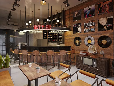 Retro Bar Interior With Vinyl Records Vintage TV Gramophone Wooden Walls And Bar Counter 3d model