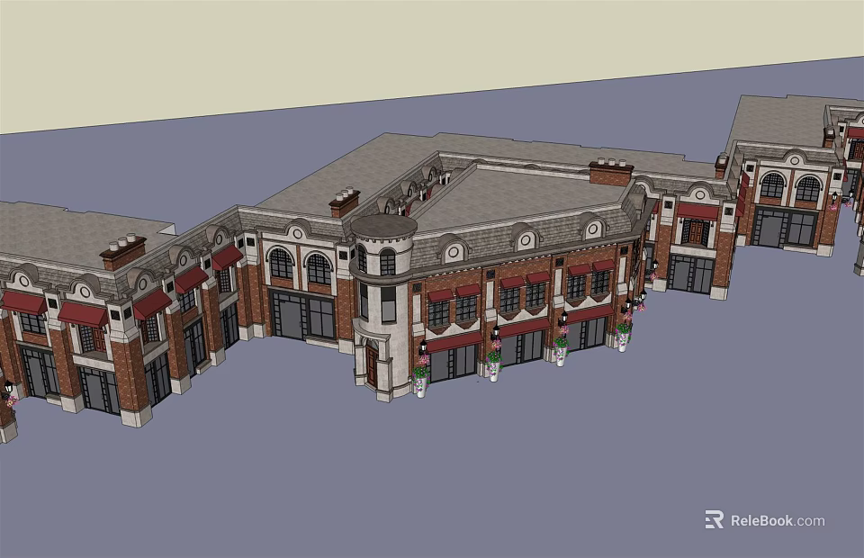 Classical Style Commercial Complex With Arched Windows Decorative Roof And Connected Storefronts 3d model