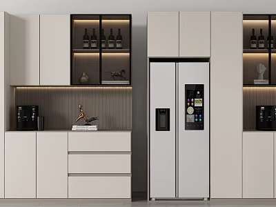 Modern Kitchen Built in Wine Cabinet With Glass Doors LED Lighting And White Cabinets 3d model