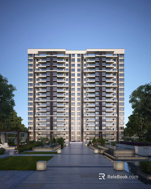 Modern High Rise Residential Building Exterior With Balconies And Green Surroundings 3d model 
