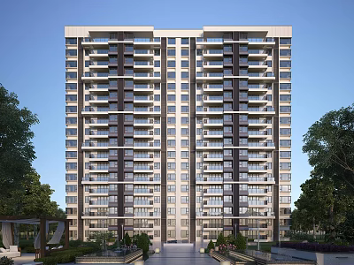 Modern High Rise Residential Building Exterior With Balconies And Green Surroundings 3d model