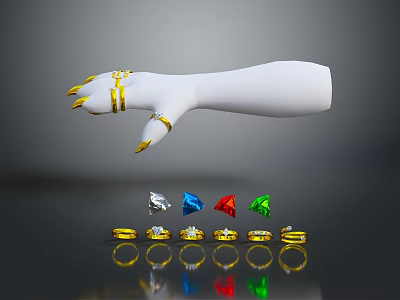 Stylish Gold Rings And Nail Decorations On White Arm Model With Colorful Gemstones 3d model