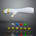 Stylish Gold Rings And Nail Decorations On White Arm Model With Colorful Gemstones