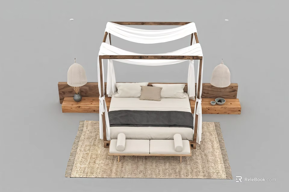 Rustic Solid Wood Canopy Double Bed With White Drapes And Matching Bedroom Furniture Set 3d model 