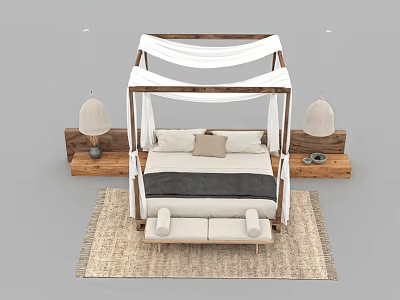 Rustic Solid Wood Canopy Double Bed With White Drapes And Matching Bedroom Furniture Set 3d model