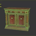 Antique Style Wooden Cabinet Featuring Carved Doors Drawers Columns And Metal Handles