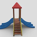 Playground Equipment With Red Roof Wooden Structure Blue Double Slides And Yellow Railings