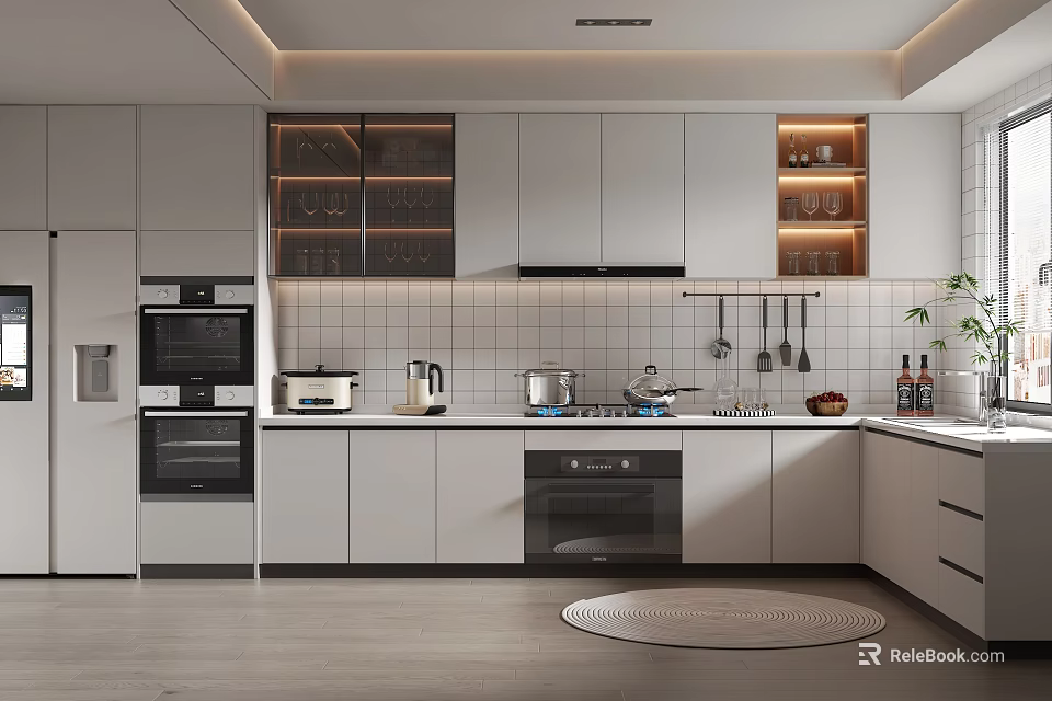 Modern White Kitchen Interior With Built In Oven Microwave Tile Backsplash And Hanging Utensils 3d model 