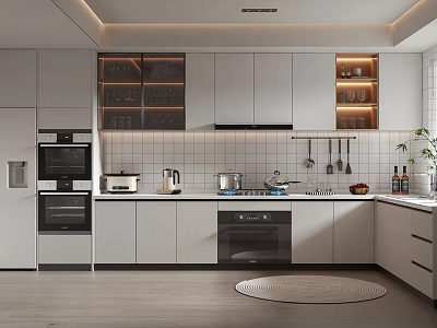 Modern White Kitchen Interior With Built In Oven Microwave Tile Backsplash And Hanging Utensils 3d model