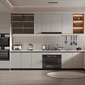 Modern White Kitchen Interior With Built In Oven Microwave Tile Backsplash And Hanging Utensils